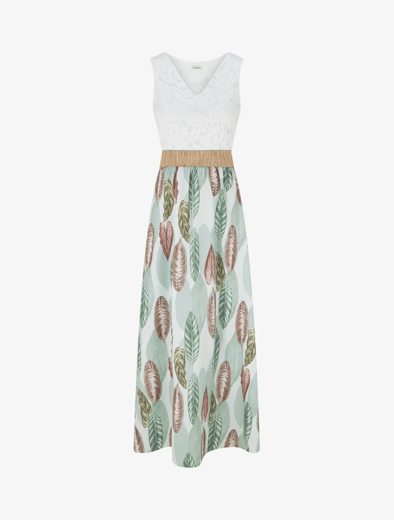 Langes Kleid mit Spitze und Blätterdruck - Mandelgrün