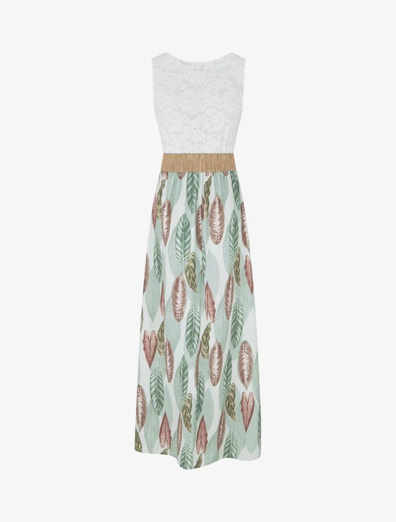 Langes Kleid mit Spitze und Blätterdruck - Mandelgrün