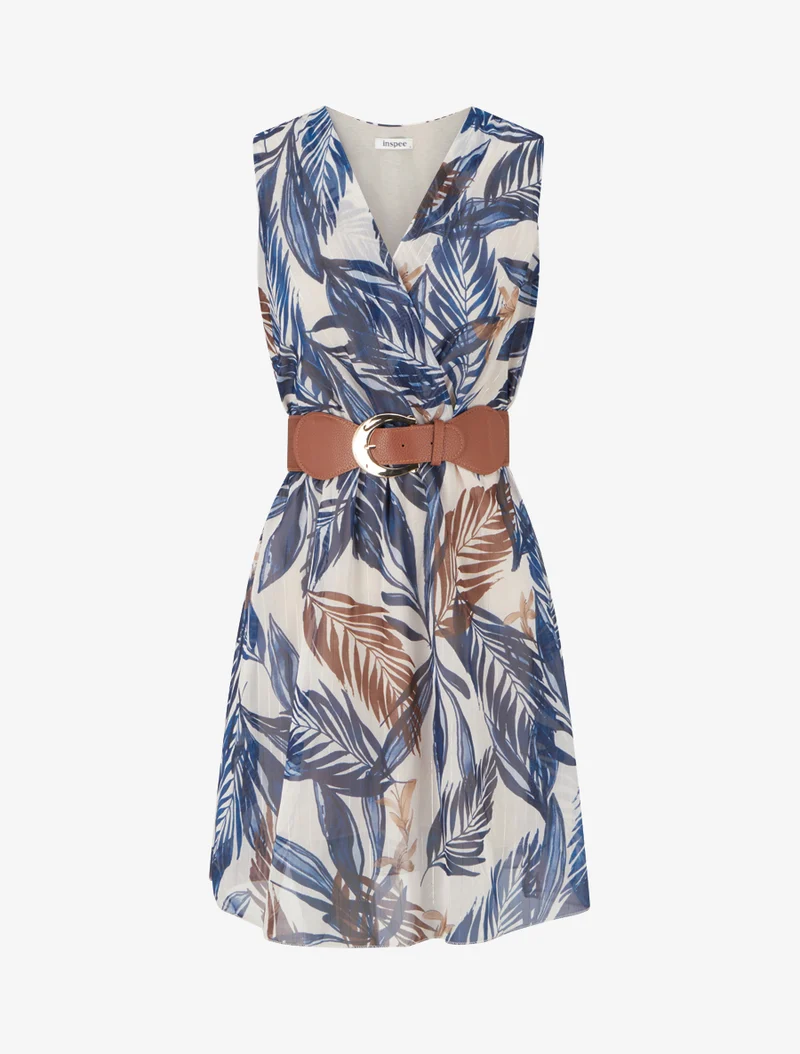 Kleid mit irisierendem Streifen- und Blattdruck - Marine