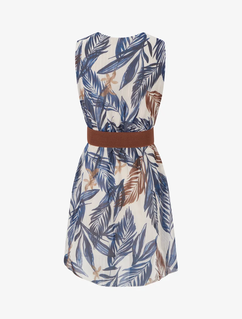 Kleid mit irisierendem Streifen- und Blattdruck - Marine