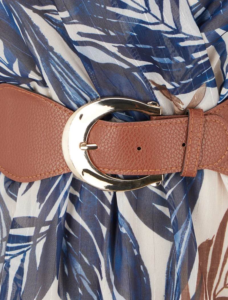 Kleid mit irisierendem Streifen- und Blattdruck - Marine