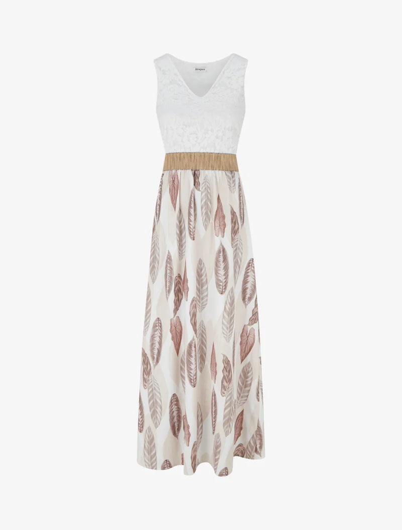 Langes Kleid mit Spitze und Blätterdruck - Beige