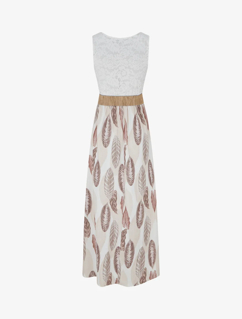 Langes Kleid mit Spitze und Blätterdruck - Beige