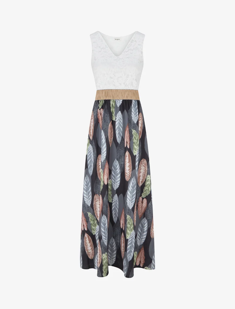 Langes Kleid mit Spitze und Blätterdruck - Schwarz
