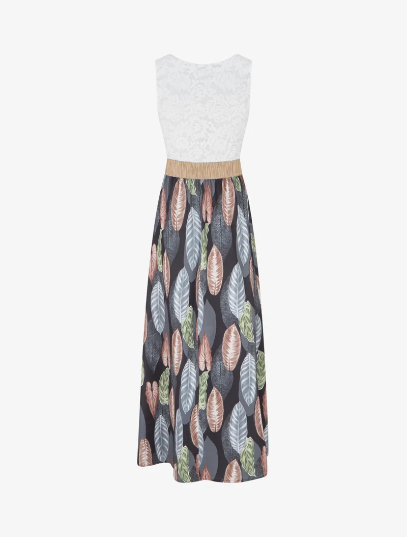 Langes Kleid mit Spitze und Blätterdruck - Schwarz