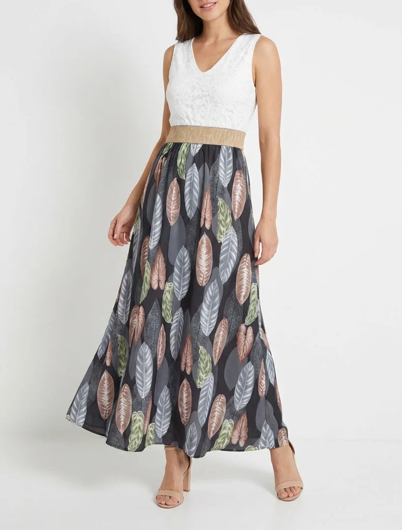 Langes Kleid mit Spitze und Blätterdruck - Schwarz