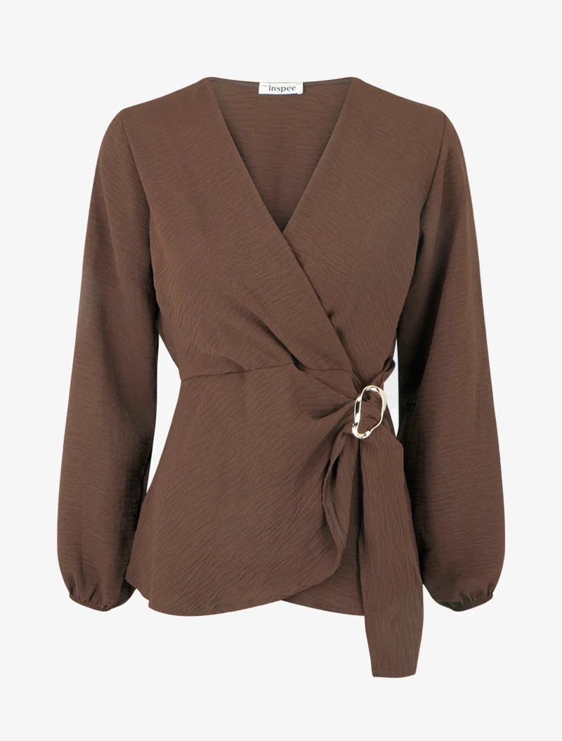 Einfarbige Wickelbluse mit Cache-Cœur-Kragen - Braun