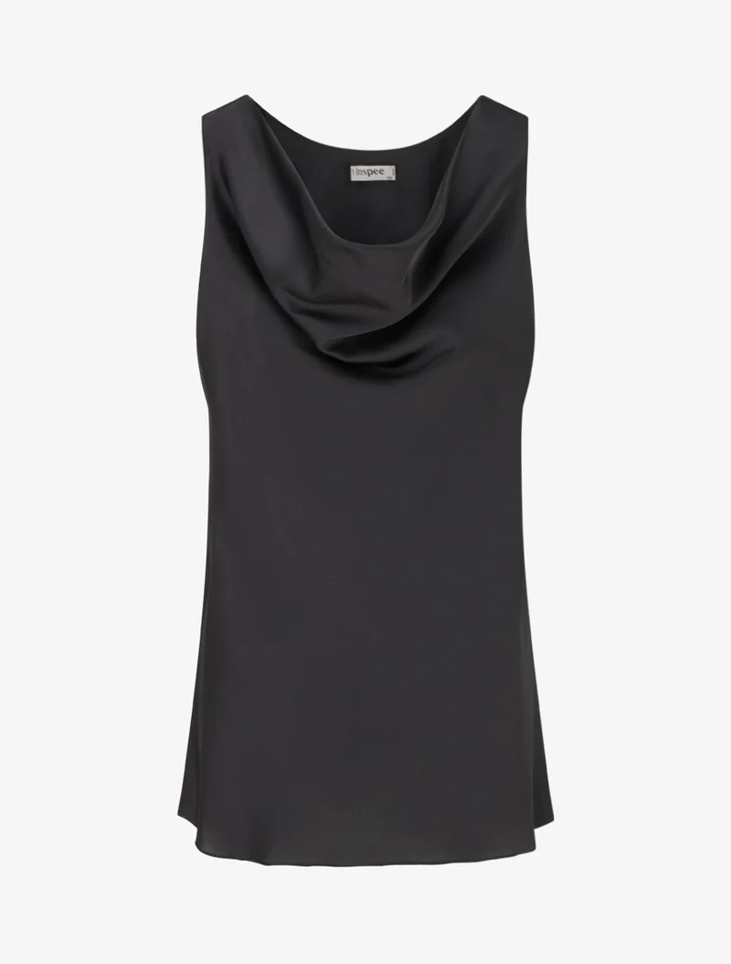 Ärmelloses Satin-Top mit Wasserfallausschnitt - Schwarz