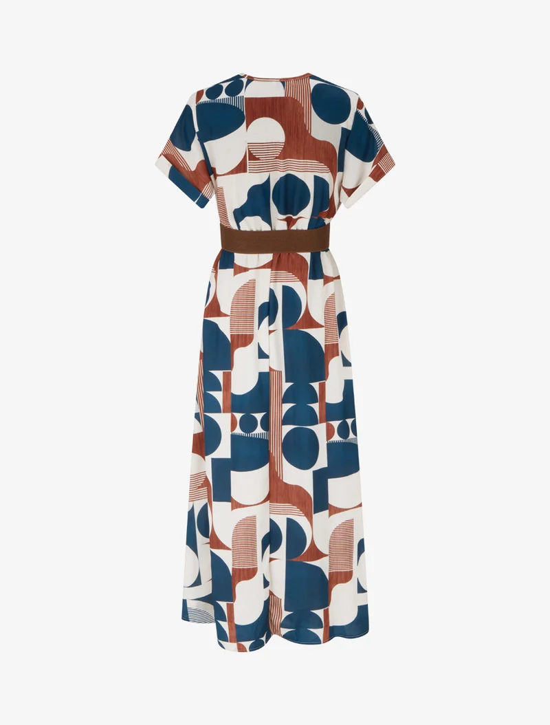 Langes Kleid mit kurzen Ärmeln und grafischem Druck - Entenblau