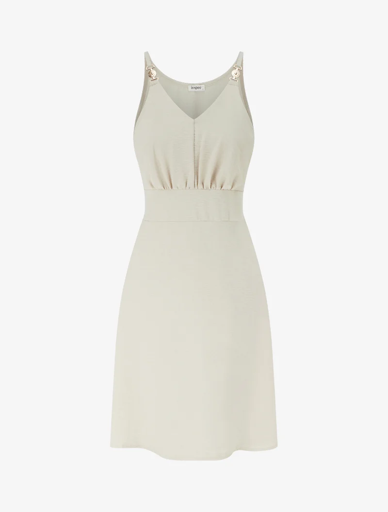 Ausgestelltes Kleid mit Schmuckträgern - Beige
