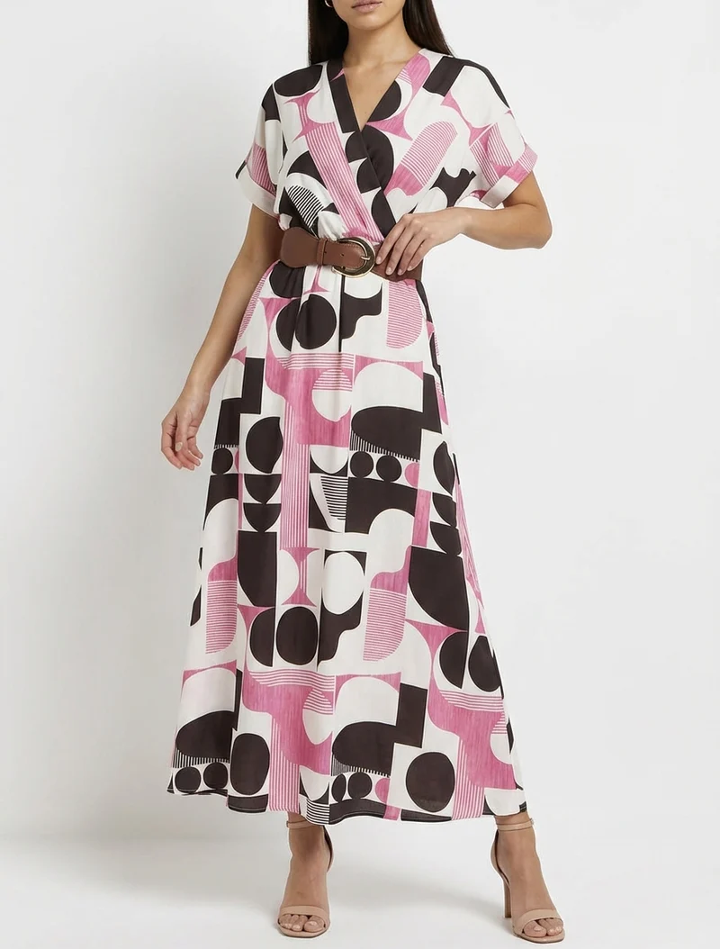 Langes Kleid mit kurzen Ärmeln und grafischem Druck - Braun