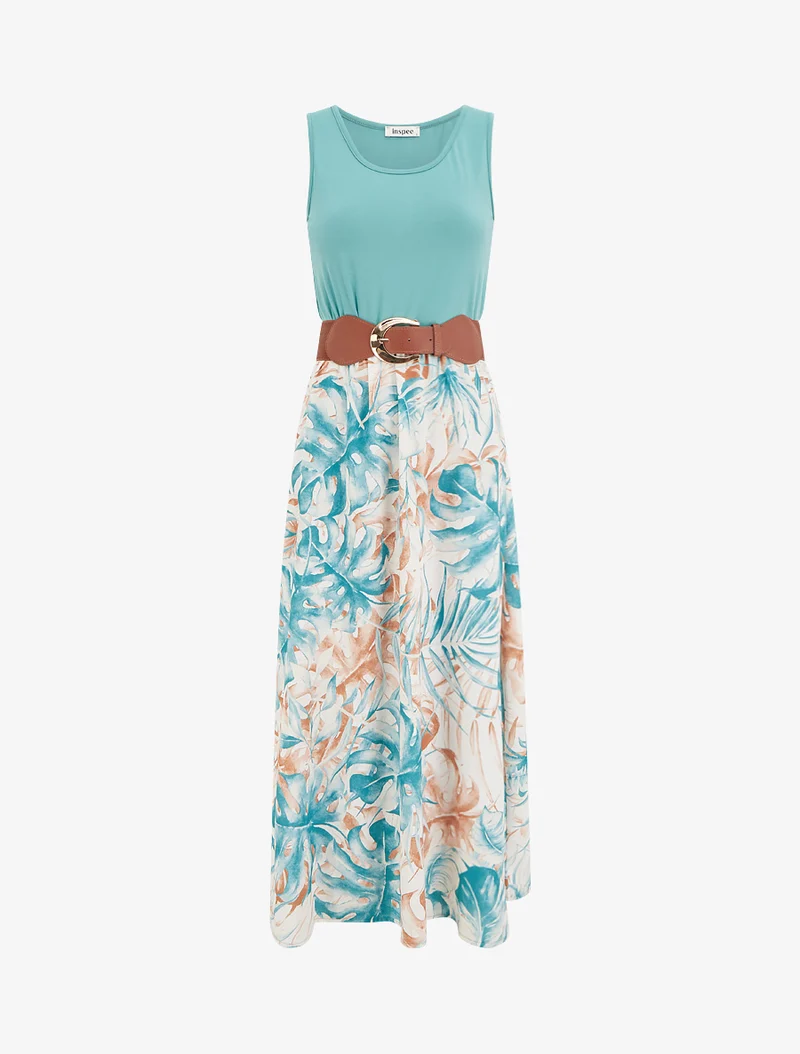 Langes Kleid mit Blätterdruckrock - Türkis