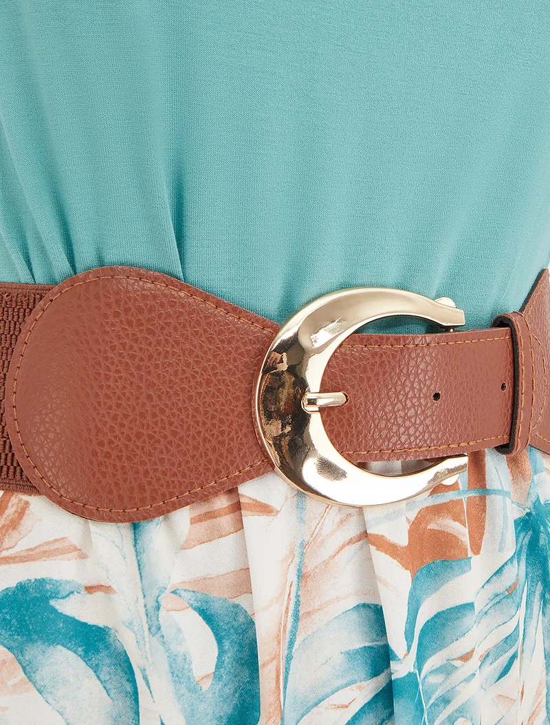 Langes Kleid mit Blätterdruckrock - Türkis