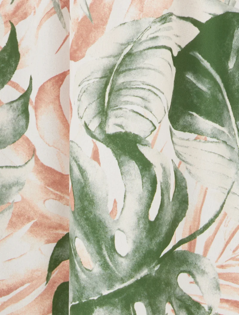Langes Kleid mit elastischem Rücken und Blattdruck - Kaki