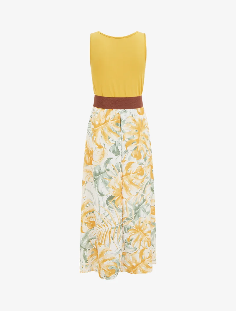 Langes Kleid mit Blätterdruckrock - Senfgelb