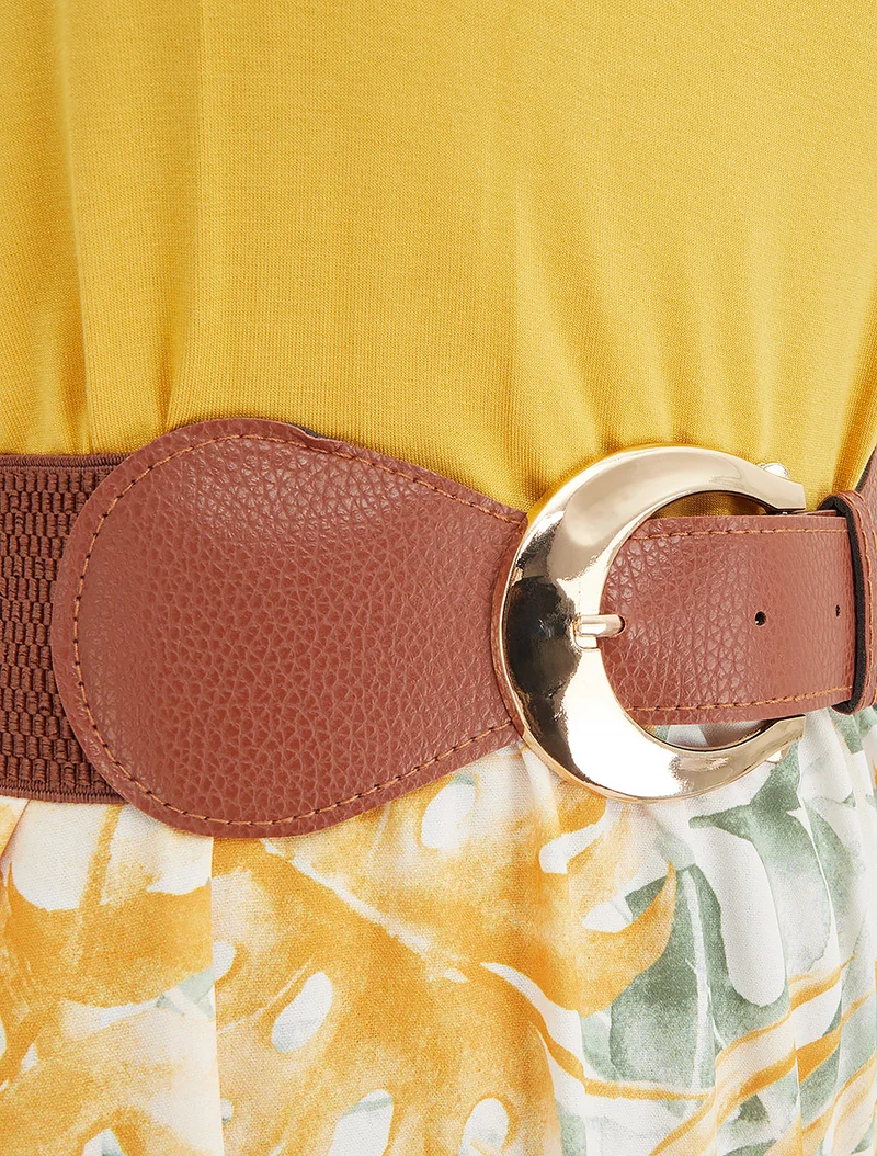 Langes Kleid mit Blätterdruckrock - Senfgelb