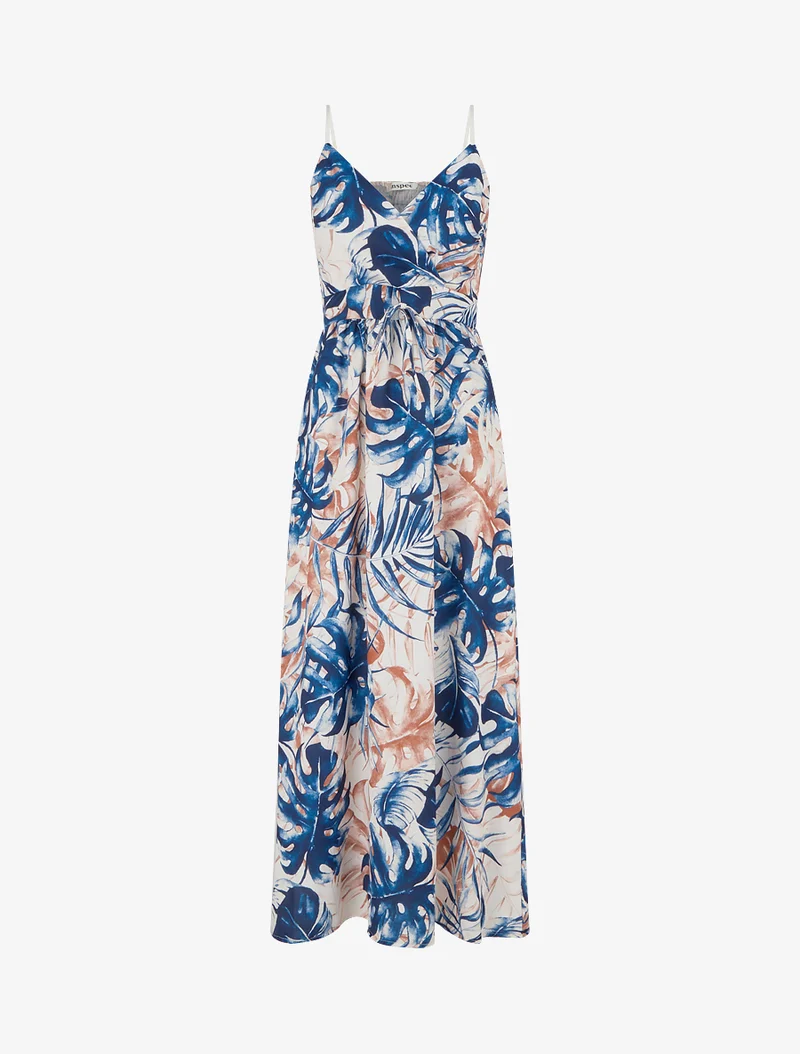 Langes Kleid mit elastischem Rücken und Blattdruck - Marine
