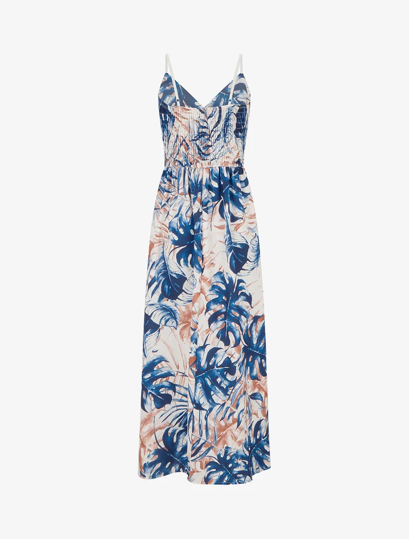 Langes Kleid mit elastischem Rücken und Blattdruck - Marine