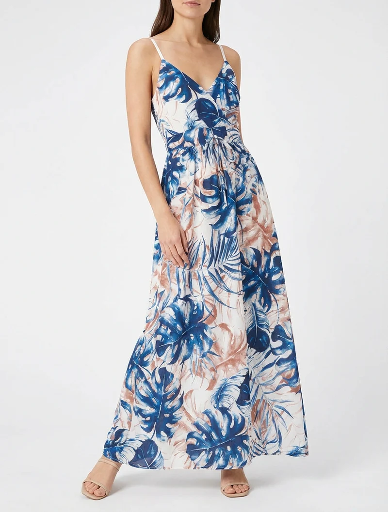 Langes Kleid mit elastischem Rücken und Blattdruck - Marine