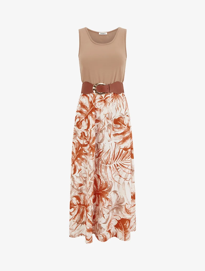 Langes Kleid mit Blätterdruckrock - Kamel