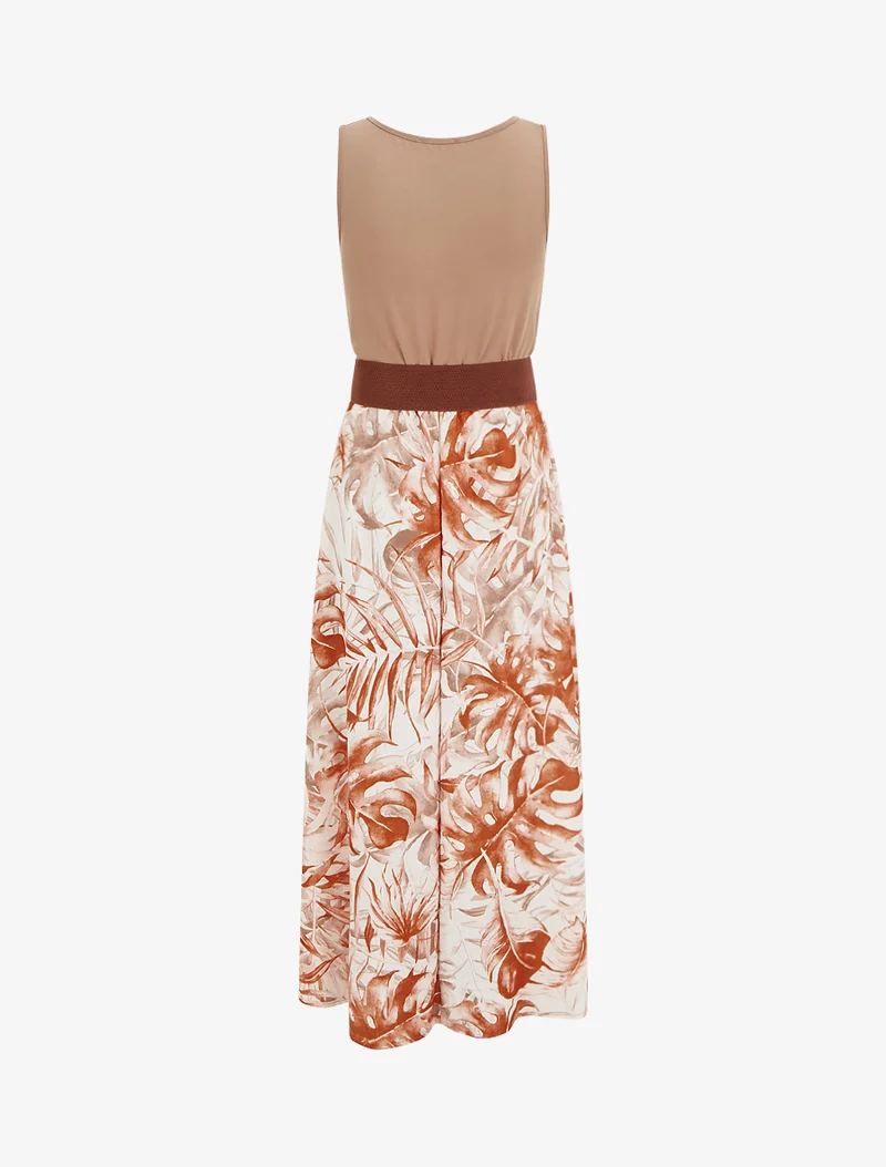 Langes Kleid mit Blätterdruckrock - Kamel
