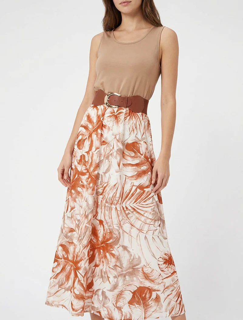 Langes Kleid mit Blätterdruckrock - Kamel