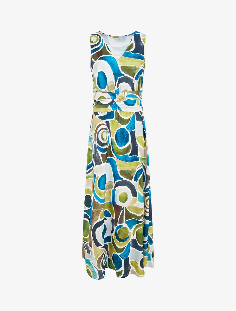 Kleid mit abstraktem Druck und elastischer Taille - Entenblau