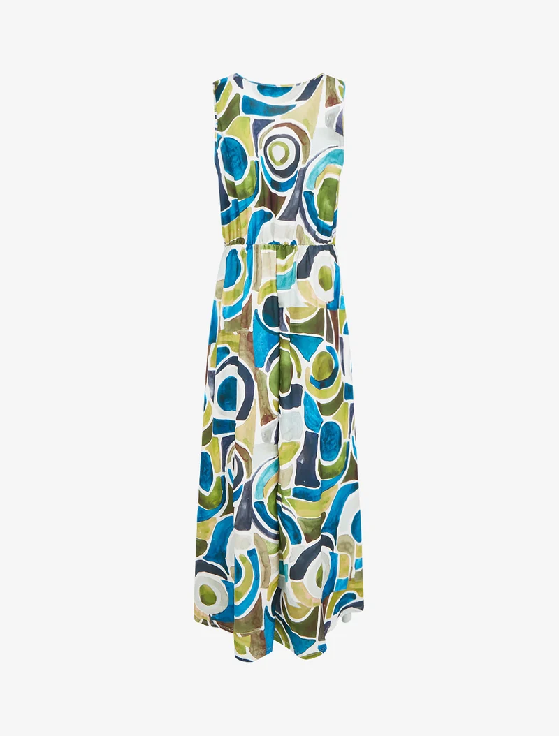 Kleid mit abstraktem Druck und elastischer Taille - Entenblau