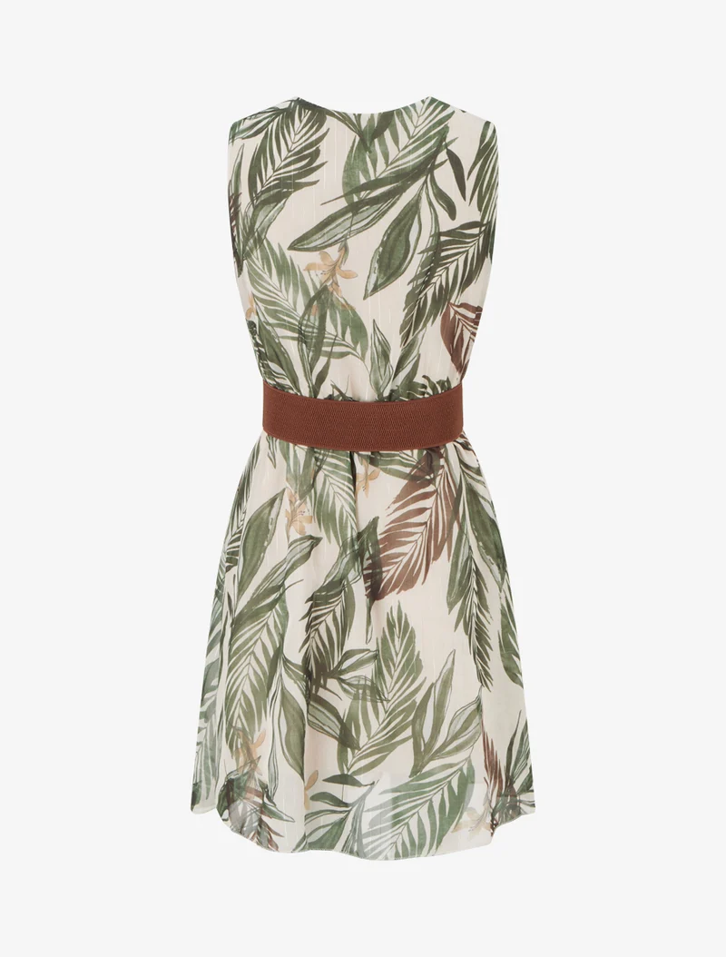 Kleid mit irisierendem Streifen- und Blattdruck - Kaki