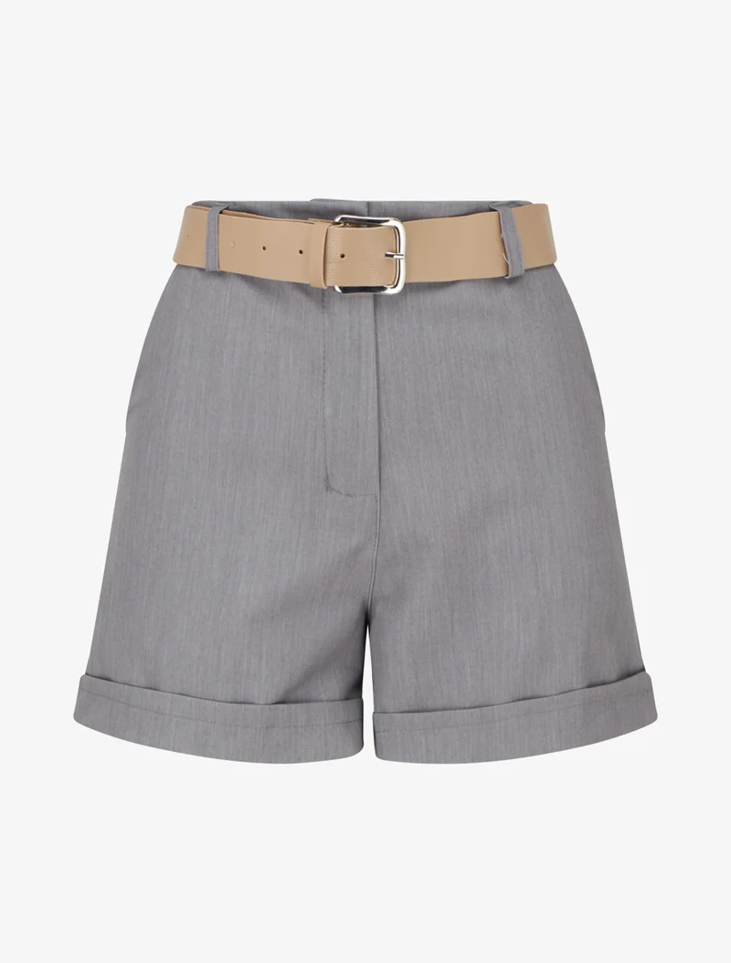 Kurze einfarbige Hose mit Saum und Gürtel - Grau