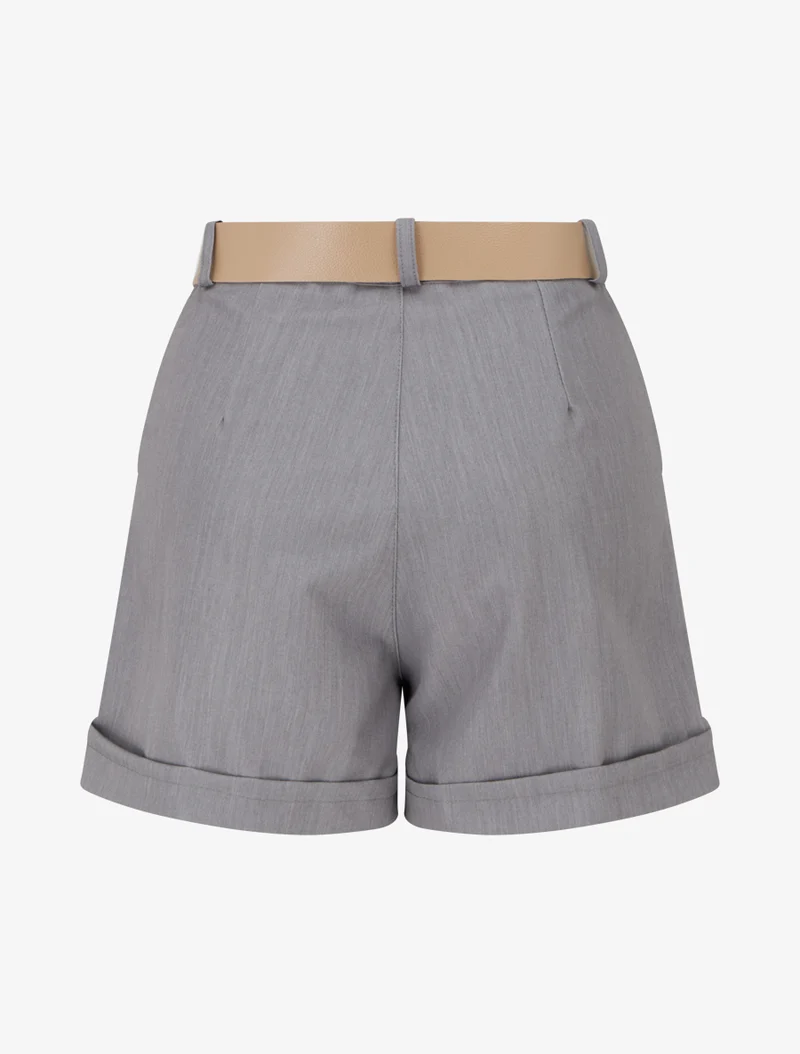 Kurze einfarbige Hose mit Saum und Gürtel - Grau