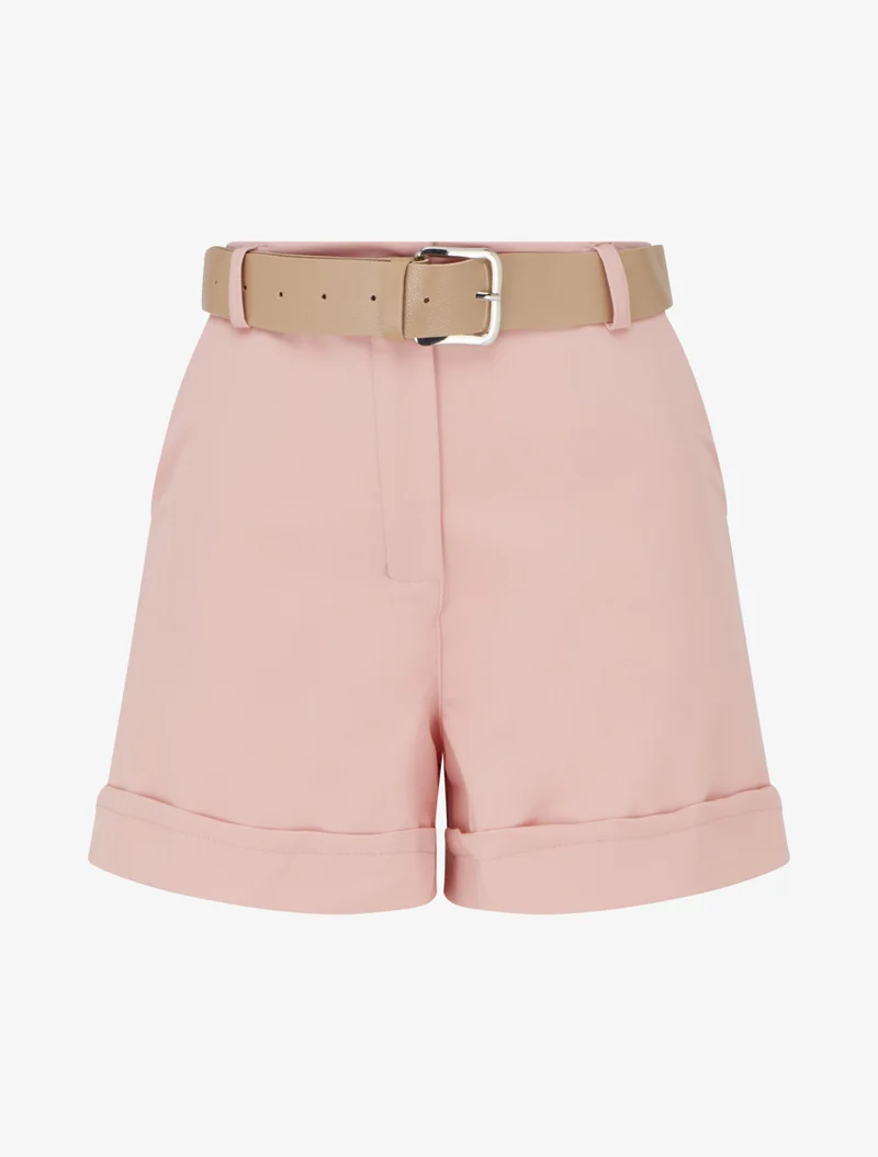 Kurze einfarbige Hose mit Saum und Gürtel - Rose