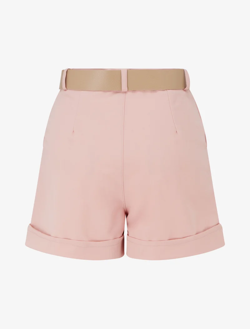 Kurze einfarbige Hose mit Saum und Gürtel - Rose