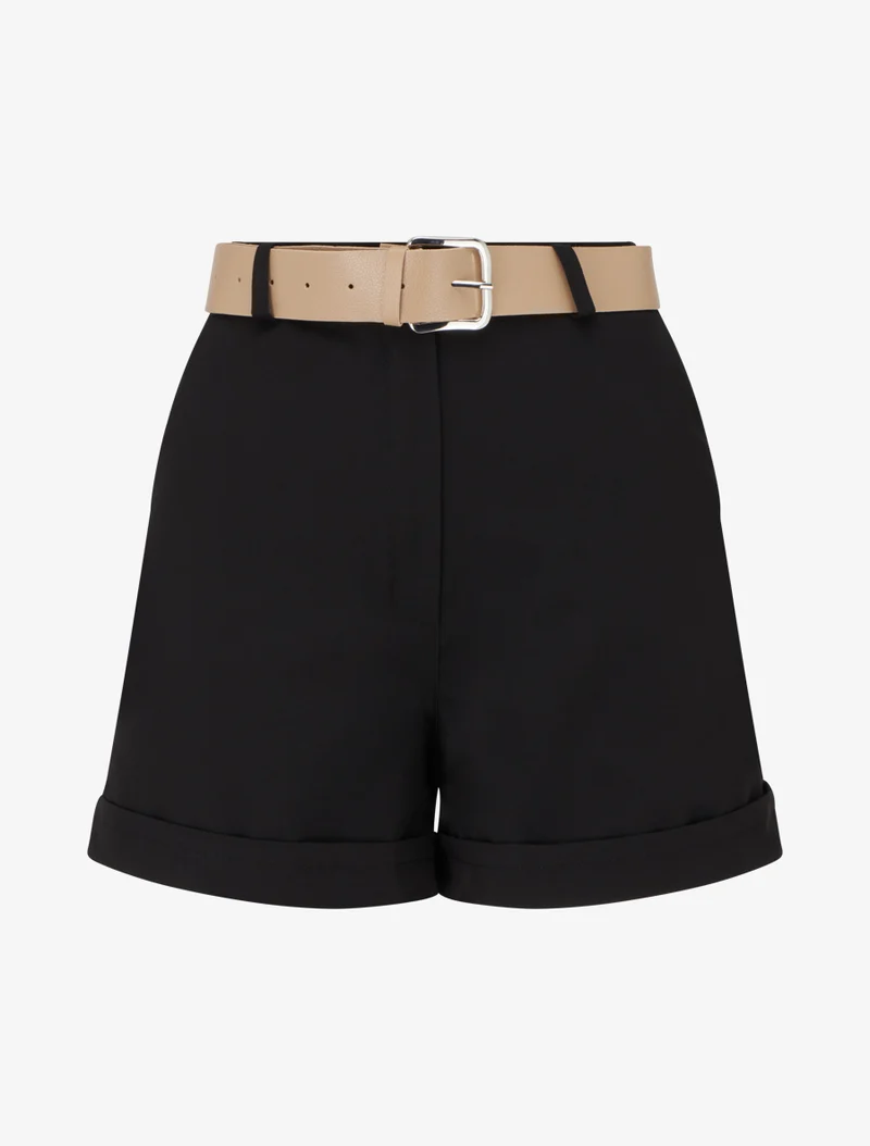 Kurze einfarbige Hose mit Saum und Gürtel - Schwarz