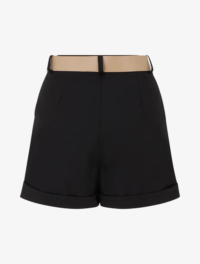 Kurze einfarbige Hose mit Saum und Gürtel - Schwarz