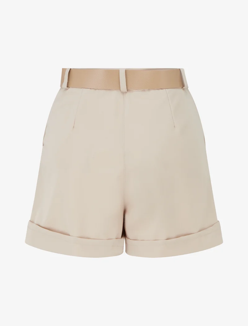 Kurze einfarbige Hose mit Saum und Gürtel - Beige