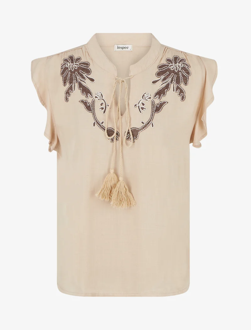 Besticktes Oberteil mit Rüschenärmeln - Beige