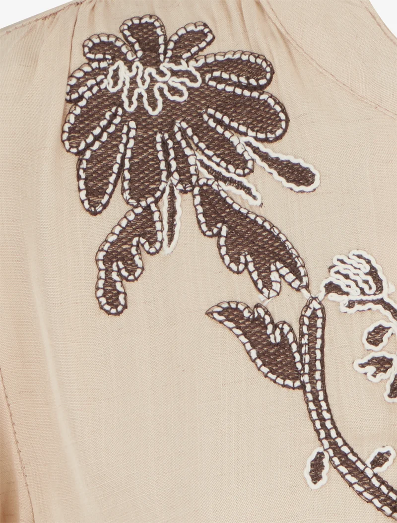 Besticktes Oberteil mit Rüschenärmeln - Beige