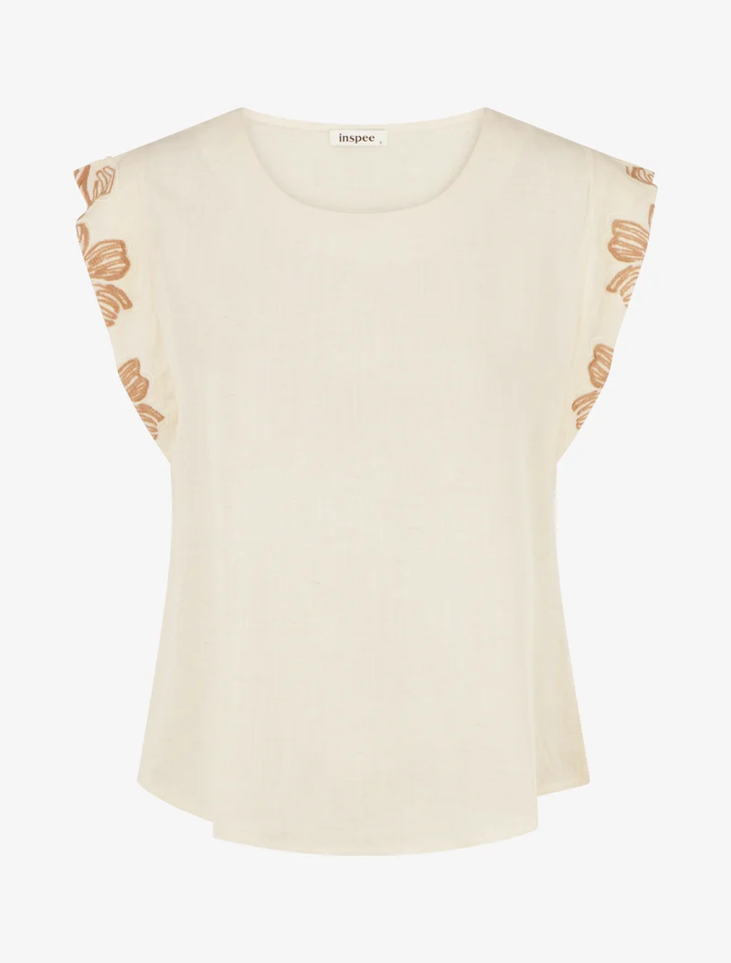 Top mit bestickten Flügelärmeln - Beige