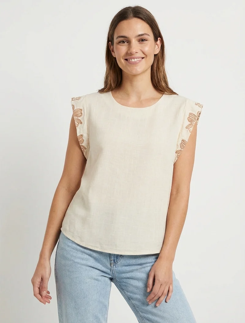 Top mit bestickten Flügelärmeln - Beige