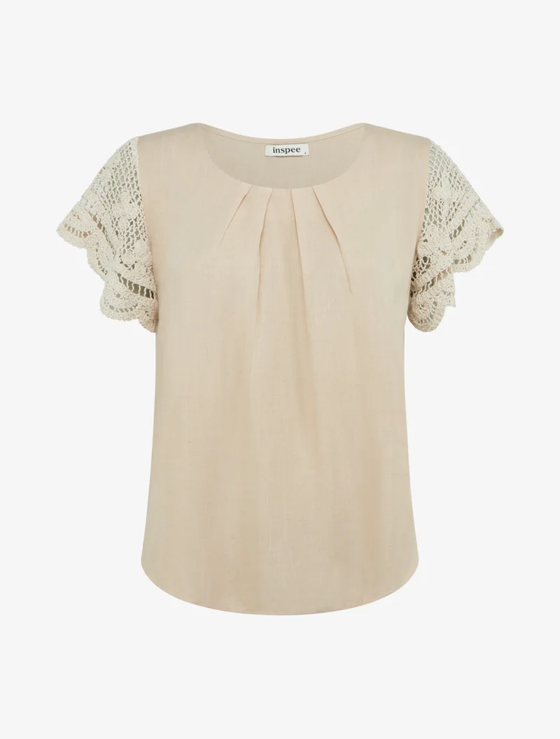 Kurzarm-Oberteil mit Stickerei - Beige