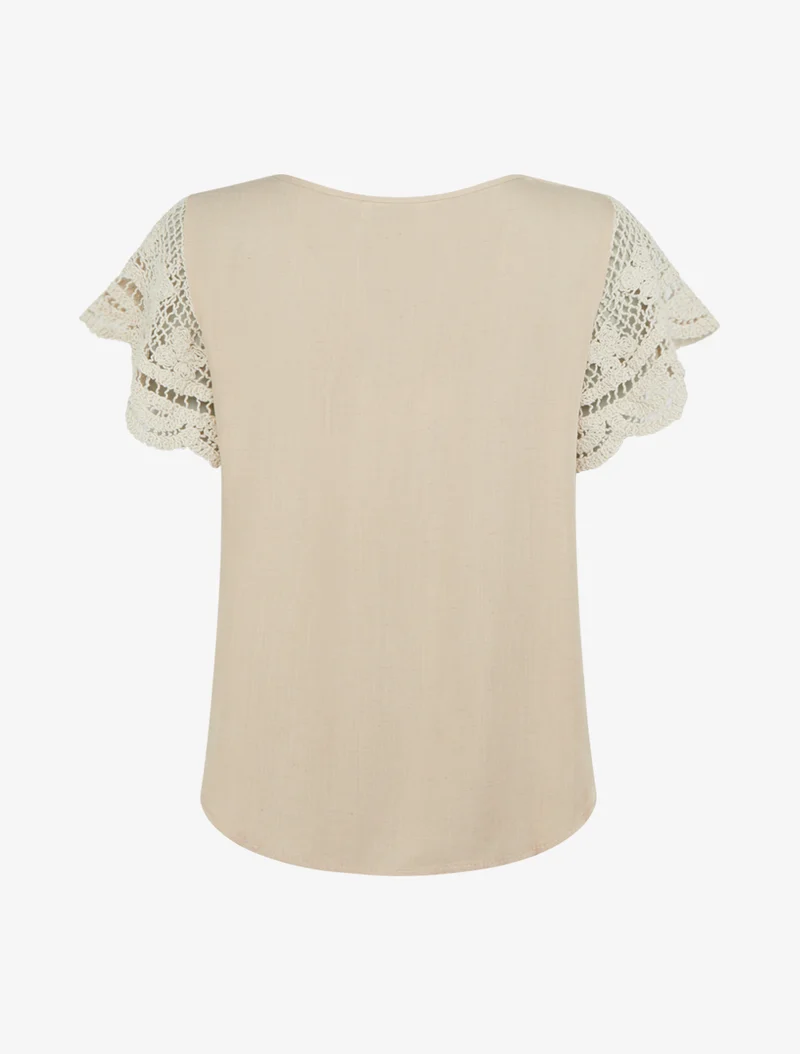 Kurzarm-Oberteil mit Stickerei - Beige