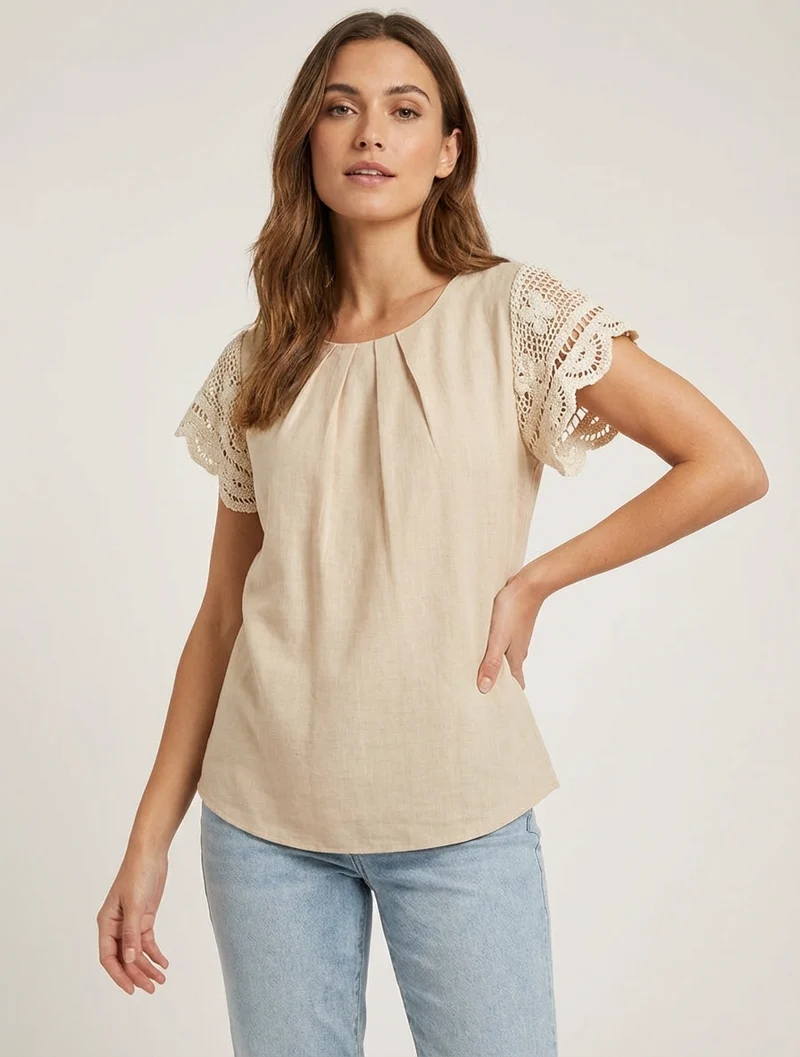 Kurzarm-Oberteil mit Stickerei - Beige