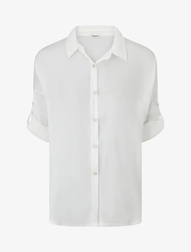 Perlmuttfarbenes asymmetrisches Bluse mit hochkrempelbaren langen Ärmeln - Weiß