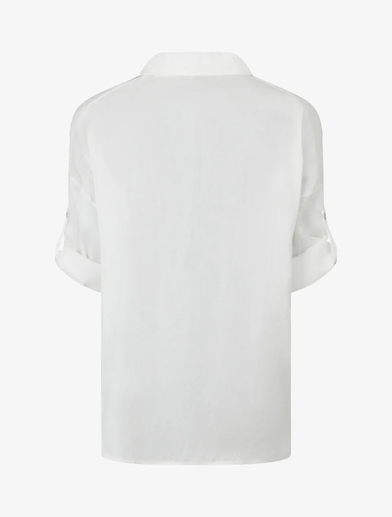Perlmuttfarbenes asymmetrisches Bluse mit hochkrempelbaren langen Ärmeln - Weiß