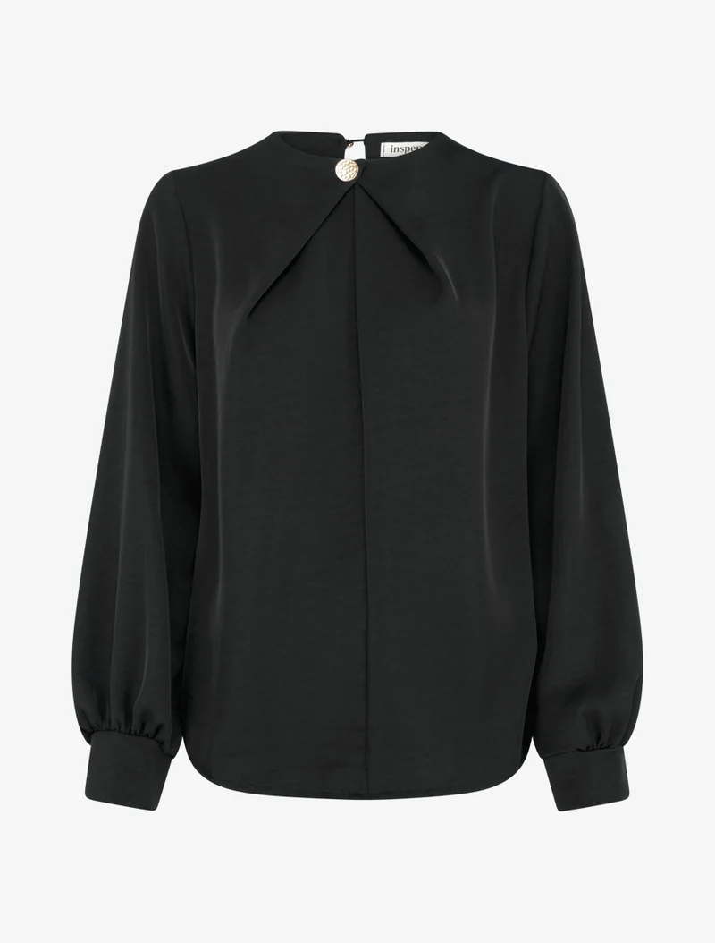 Satinierte Bluse mit langen Ärmeln und Knopfkragen - Schwarz