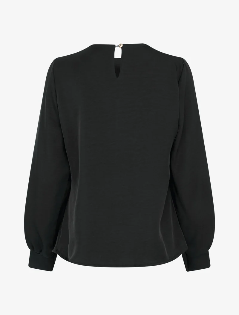 Satinierte Bluse mit langen Ärmeln und Knopfkragen - Schwarz