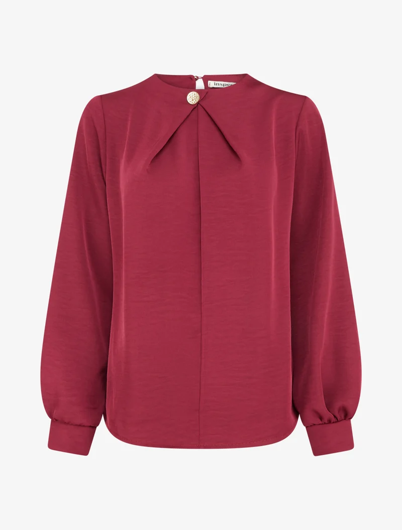 Satinierte Bluse mit langen Ärmeln und Knopfkragen - Bordeaux