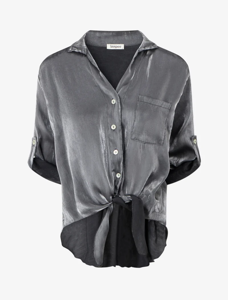 Perlmutt asymmetrische Bluse zum Binden - Schwarz