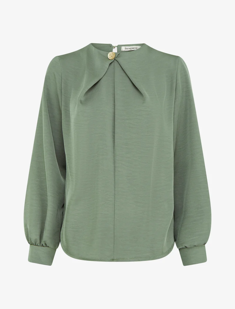 Satinierte Bluse mit langen Ärmeln und Knopfkragen - Kaki
